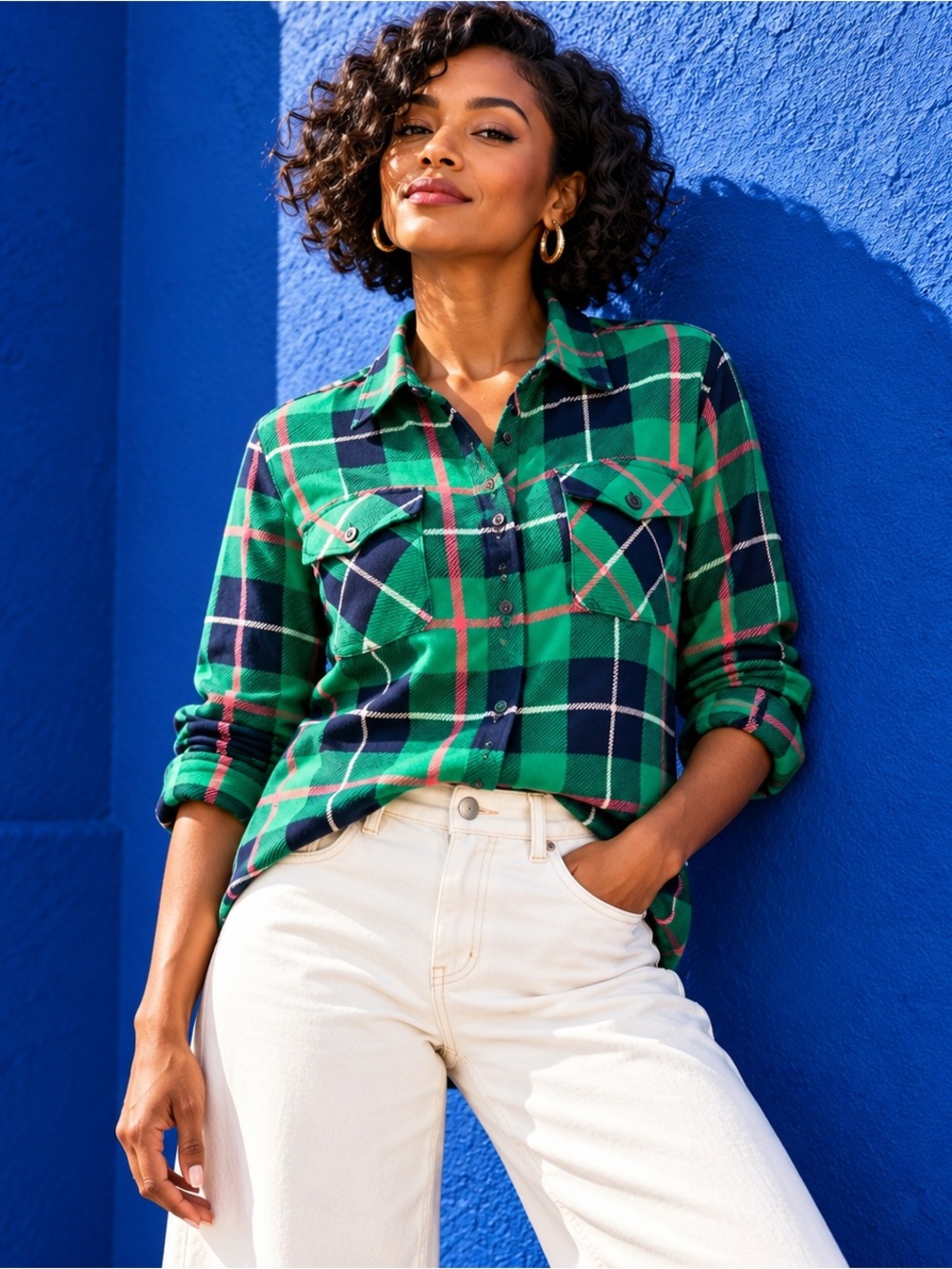 Denim & Co. Plaid Button-Front Shirt Green Navy Pink Long Sleeve Small